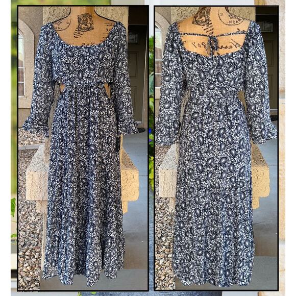 Lulus Blissful Sweetie Navy Blue Paisley Tiered Waist Cutouts Midi Dres Size M - Picture 6 of 11